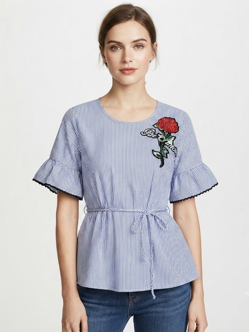 Jiajia Women's Blue Striped "Par Amour" Short Sleeve Blouse Size Small/Medium